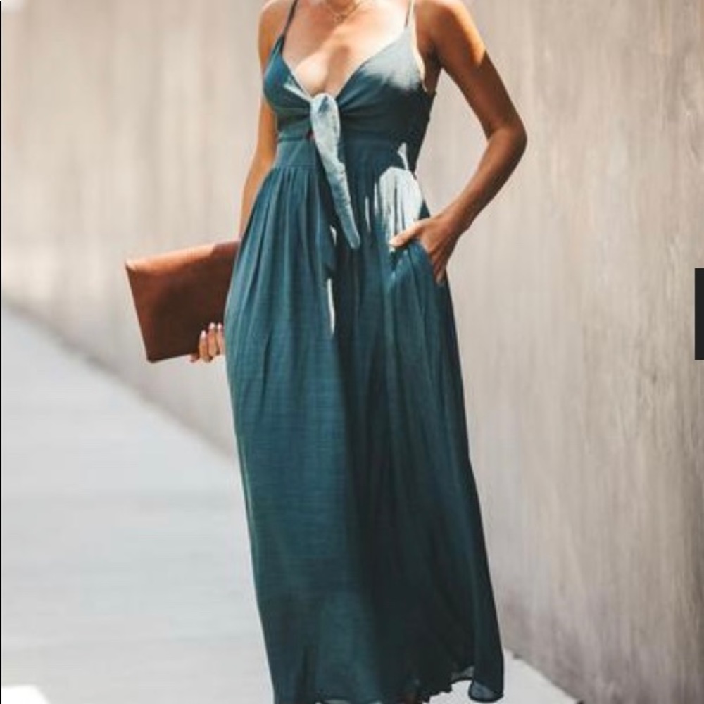 Vici Desert Dancer Tie Pocketed Maxi Teal Dress